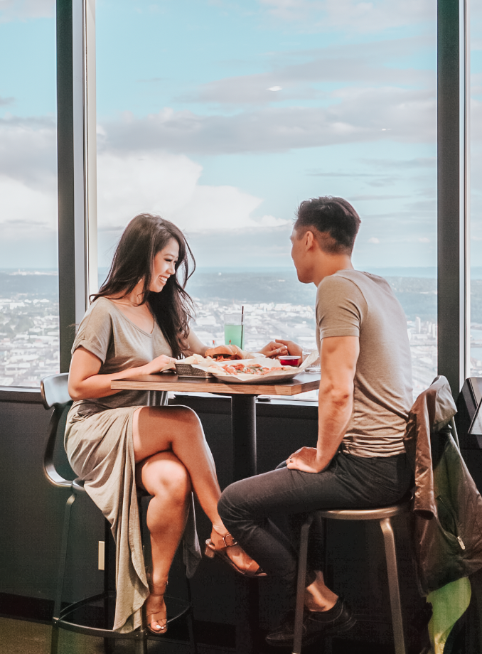 sky view observatory, dinner with a view, city view, date night, food